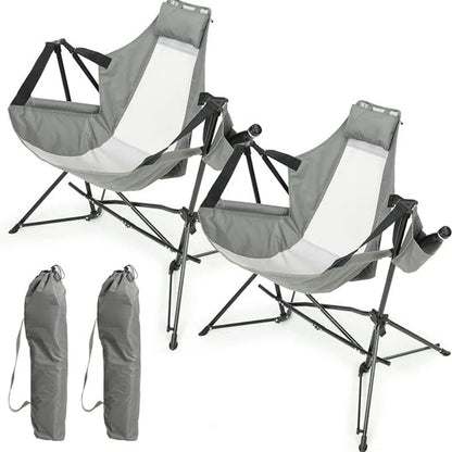 Hammock Camping Chair, Folding Portable Rocking Chair, Aluminum Alloy Adjustable Back Swinging Chair with Pillow Cup Holder, Recliner with Carry Bag for Outdoor Travel Lawn Backyard, Grey (2pcs)-海智集-Default-
