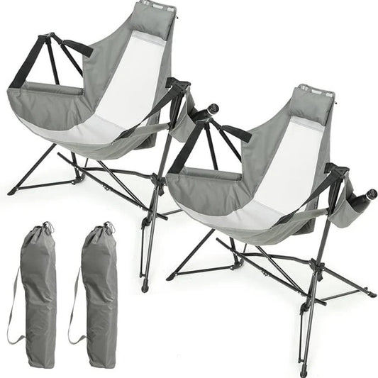 Hammock Camping Chair, Folding Portable Rocking Chair, Aluminum Alloy Adjustable Back Swinging Chair with Pillow Cup Holder, Recliner with Carry Bag for Outdoor Travel Lawn Backyard, Grey (2pcs)-海智集-Default-
