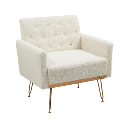 COOLMORE Armchair Single Sofa Modern Tufted Upholstered Side Reading Chairs with Arm and Gold Metal Leg for Living Room Bedroom (White teddy )-海智集-Default-