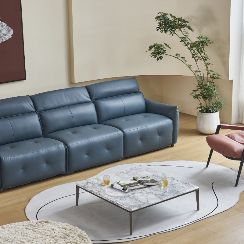 The deep blue sofa is suitable for the bedroom and living room. It is made of comfortable leather, Italian style, soft and modern-海智集-