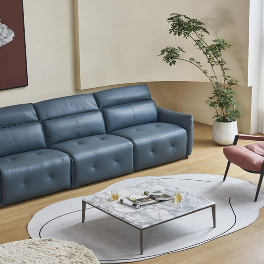 The deep blue sofa is suitable for the bedroom and living room. It is made of comfortable leather, Italian style, soft and modern-海智集-