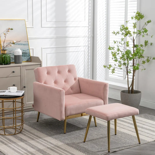 COOLMORE Velvet Accent Chair with Adjustable Armrests and Backrest, Button Tufted Lounge Chair, Single Recliner Armchair with Ottoman-海智集-Default-