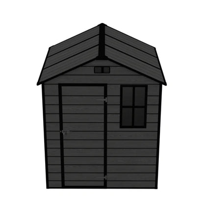 Campcraft 6*6ft resin storage shed, high quality pp material, strong structure, waterproof, rust and UV proof, large storage space, 12mm thick pp board, HD window lighting Black wood grain color-海智集-Default-