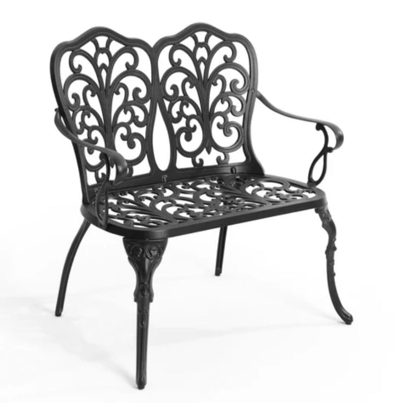 Patio Garden Bench Metal Park Bench Cast Aluminum Outdoor Furniture with Floral Rose for Patio,Park,Lawn,Yard Black-海智集-Default-