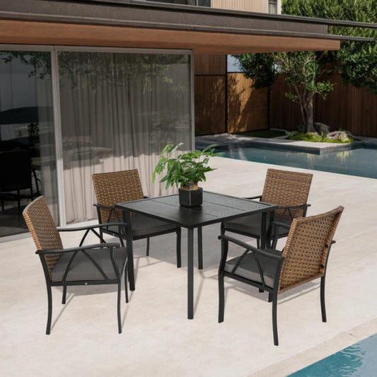 5-Piece Wicker Outdoor Table and Chairs, Patio Dining Set w/Square steel Tabletop and Umbrella Hole, Patio Table and Chairs Set for Backyard Deck Balcony Front Porch-海智集-Default-