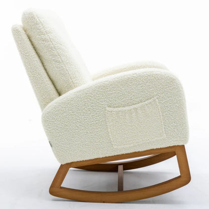 COOLMORE Rocking Chair, Modern Glider Chair, Recliner Armchair with Wood Legs and Side Pocket, Nursery Rocking Accent Chair with High Back for Living Room Bedroom (White Teddy)-海智集-Default-
