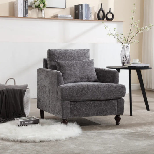 Wood Frame Armchair, Modern Accent Chair Lounge Chair for Living Room,Tufted Club Chair, Mid Century Modern Arm Chairs with Studded, Solid Wood Frame, for Bedroom, Reading (Gray Chenille)-海智集-Default-