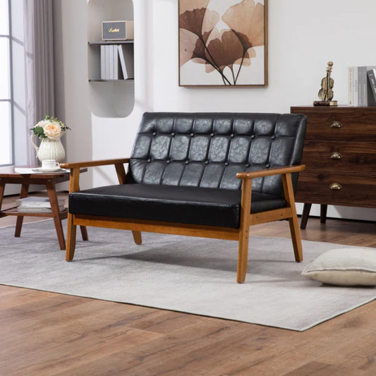 COOLMORE Mid-Century Modern Solid Loveseat Sofa Upholstered Pu Leather Loveseat, 2-Seat Upholstered Loveseat Sofa Modern Couch-海智集-Default-