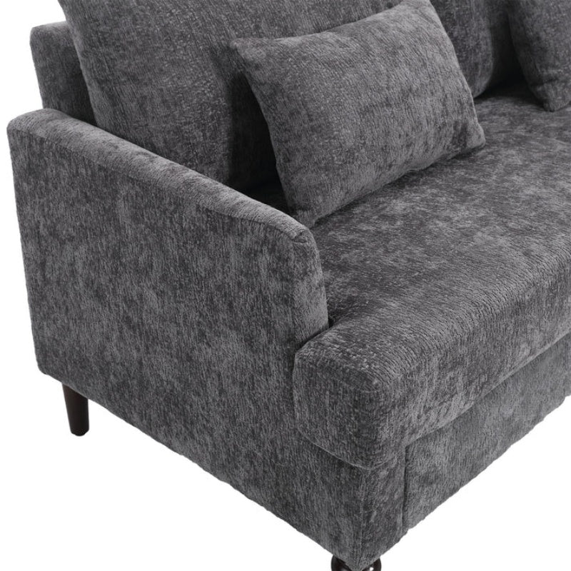 Mid Century Modern Chenille Fabric Loveseat Sofa, 2-Seat Upholstered Couch, Brown Wood Feet, Gray Chenille-海智集-Default-