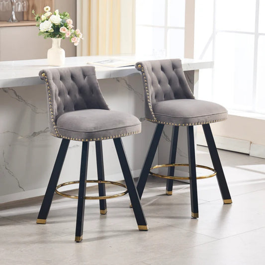 COOLMORE Set of 2,Back pull point design, velvet material, 360 degree rotation, back pull loop detachable design, rivet decoration, square foot wooden bar chair-海智集-Default-