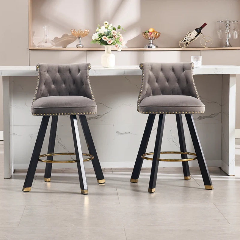 COOLMORE Set of 2,Back pull point design, velvet material, 360 degree rotation, back pull loop detachable design, rivet decoration, square foot wooden bar chair-海智集-Default-