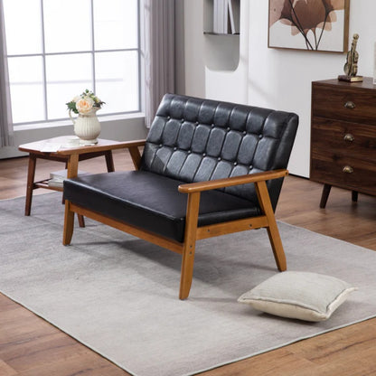 COOLMORE Mid-Century Modern Solid Loveseat Sofa Upholstered Pu Leather Loveseat, 2-Seat Upholstered Loveseat Sofa Modern Couch-海智集-Default-