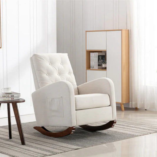 High Back Rocking Chair Nursery Chair .Comfortable Rocker Fabric Padded Seat .Modern High Back Armchair-海智集-Default-