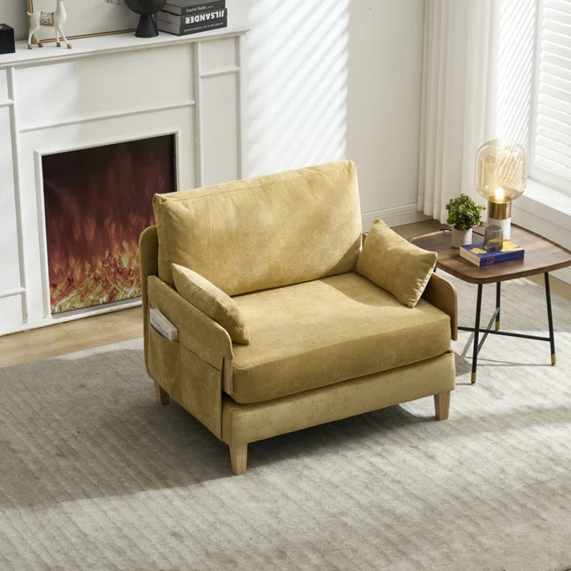 Mid-Century Modern Foldable Sofa Bed Recliner, 3-in-1 Convertible Sleeper with Three Pillows, Mustard Yellow Chenille-海智集-Default-