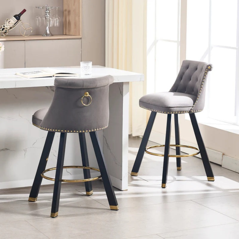 COOLMORE Set of 2,Back pull point design, velvet material, 360 degree rotation, back pull loop detachable design, rivet decoration, square foot wooden bar chair-海智集-Default-