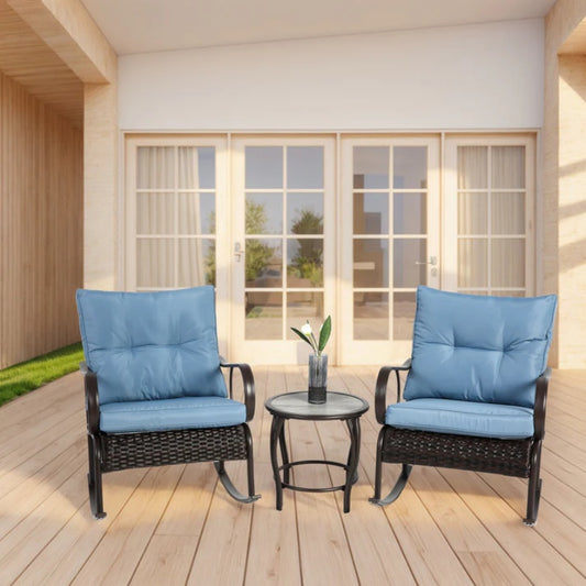 3 Pieces Patio Furniture Set Rocking Bistro Set Outdoor Rattan Conversation with Coffee Table for Garden Balcony Backyard Poolside-海智集-Default-