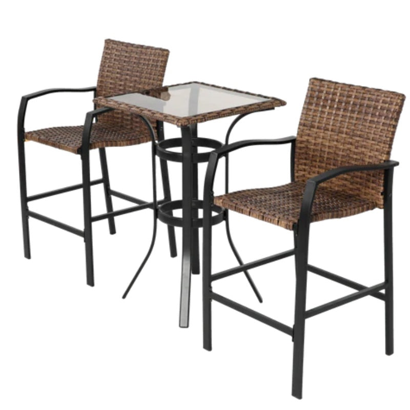 3 Pieces Outdoor Bar Stools Set,Rattan Bar Chairs,with glass table top, Wicker Bar Stools for Backyard, Garden, Pool, Balcony and Deck, Brown-海智集-Default-