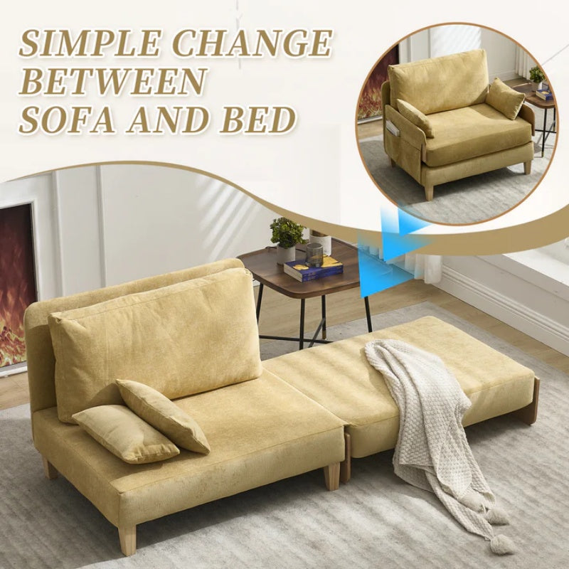 Mid-Century Modern Foldable Sofa Bed Recliner, 3-in-1 Convertible Sleeper with Three Pillows, Mustard Yellow Chenille-海智集-Default-