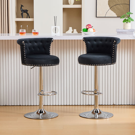 COOLMORE Velvet Bar Stool Set of 2, Adjustable Swivel Bar Stools with Silver Plated Metal Leg, Chrome Nailhead, Counter Height Chair for Kitchen,Dining Room-海智集-Default-