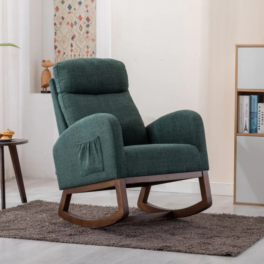 Rocking Chair, Modern Glider Chair, Recliner Armchair with Wood Legs and Side Pocket, Nursery Rocking Accent Chair with High Back for Living Room Bedroom (Emerald linen)-海智集-Default-