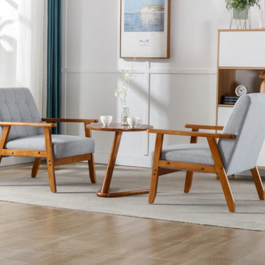 Accent Chairs Set of 2 with Side Table, Mid Century Modern Accent Chair, Wood and Fabric Armchairs Side Chair, Lounge Reading Comfy Arm Chair for Living Room, Bedroom, Office-海智集-Default-