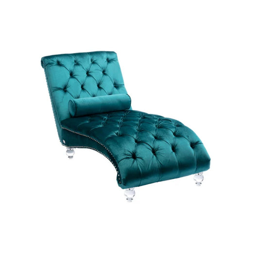 Velvet Chaise Lounge Indoor, Button-Tufted Upholstered Chaise Lounge Chair with Pillow, Teal Velvet, 63.38 inch-海智集-Default-