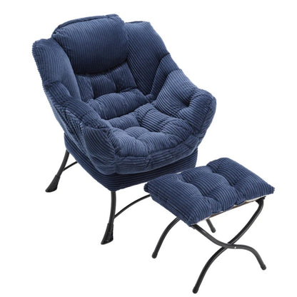 Lazy Chair with Ottoman, Modern Lounge Accent Chair with Armrests and a Side Pocket, Leisure Upholstered Sofa Chair Reading Chair with Footrest for Small Space, Corner Chair-Navy blue-海智集-Default-