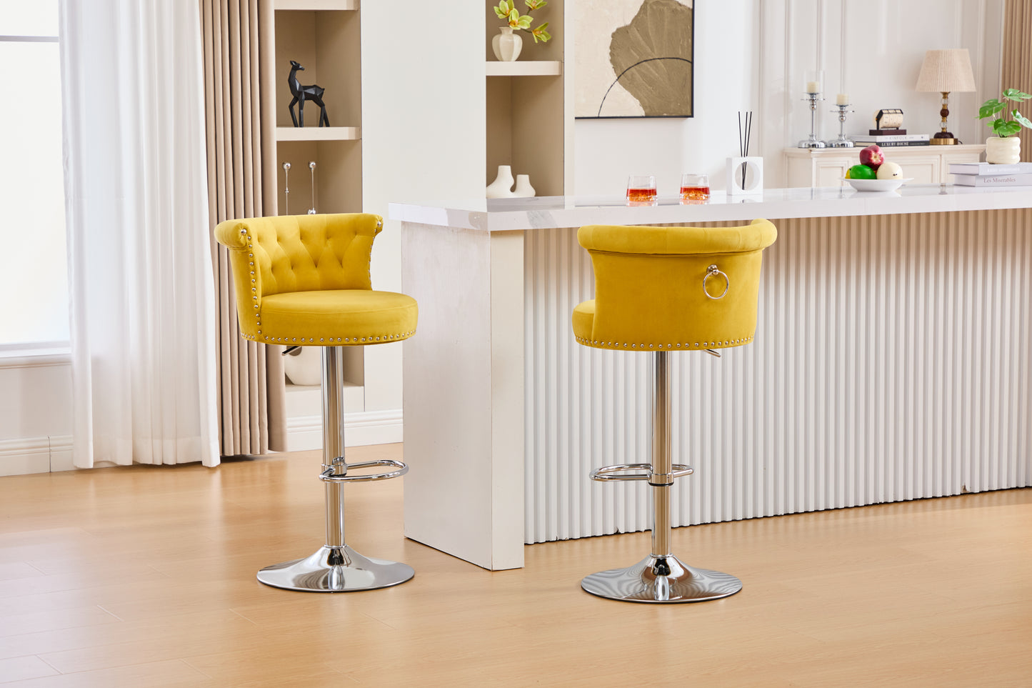 COOLMORE Velvet Bar Stool Set of 2, Adjustable Swivel Bar Stools with Silver Plated Metal Leg, Chrome Nailhead, Counter Height Chair for Kitchen,Dining Room-海智集-Default-