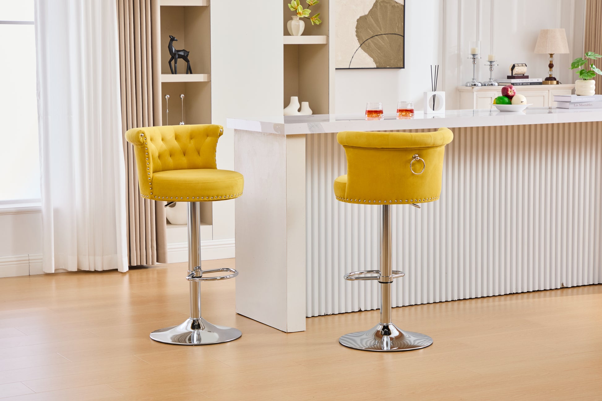 COOLMORE Velvet Bar Stool Set of 2, Adjustable Swivel Bar Stools with Silver Plated Metal Leg, Chrome Nailhead, Counter Height Chair for Kitchen,Dining Room-海智集-Default-