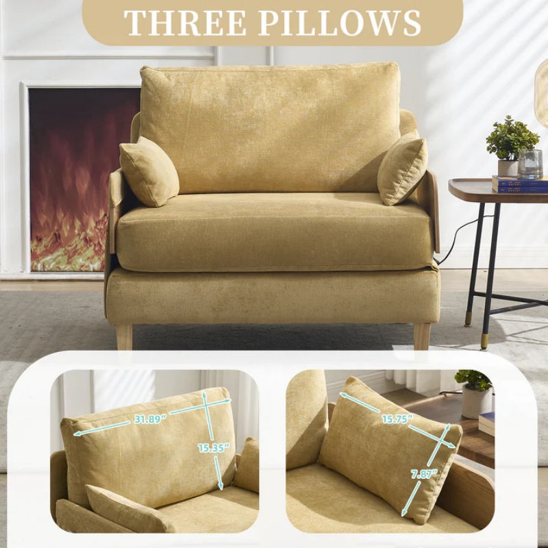 Mid-Century Modern Foldable Sofa Bed Recliner, 3-in-1 Convertible Sleeper with Three Pillows, Mustard Yellow Chenille-海智集-Default-