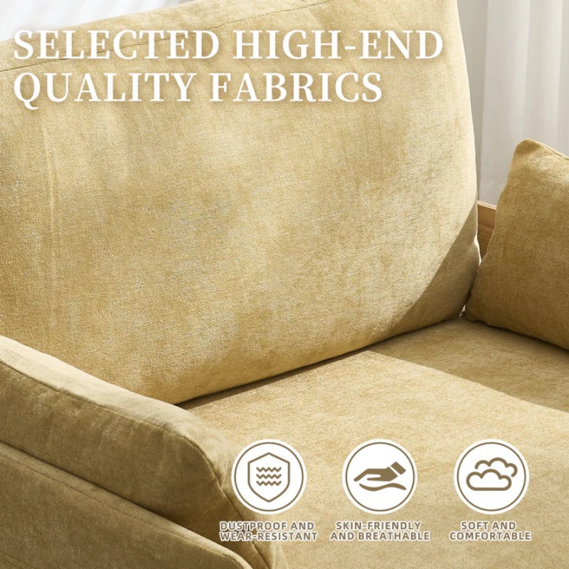 Mid-Century Modern Foldable Sofa Bed Recliner, 3-in-1 Convertible Sleeper with Three Pillows, Mustard Yellow Chenille-海智集-Default-