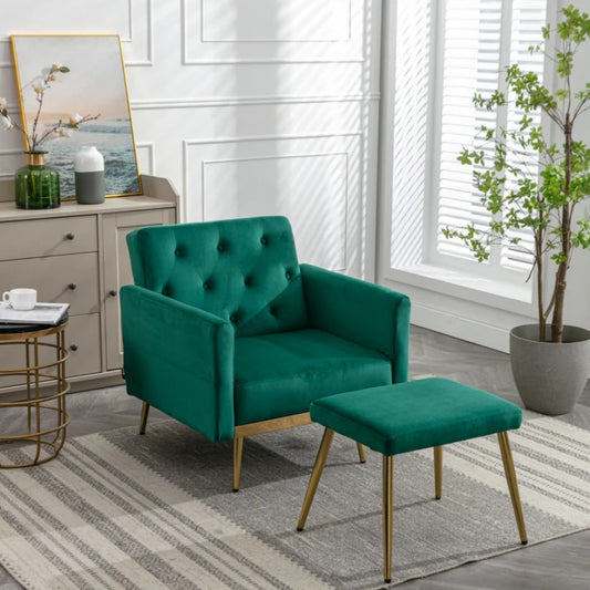COOLMORE Velvet Accent Chair with Adjustable Armrests and Backrest, Button Tufted Lounge Chair, Single Recliner Armchair with Ottoman-海智集-Default-