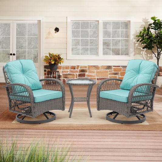3 Pieces Outdoor Swivel Rocker Patio Chairs, 360 Degree Rocking Patio Conversation Set with Thickened Cushions and Glass Coffee Table for Backyard, Blue-海智集-Default-