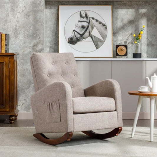 High Back Rocking Chair Nursery Chair .Comfortable Rocker Fabric Padded Seat .Modern High Back Armchair-海智集-Default-