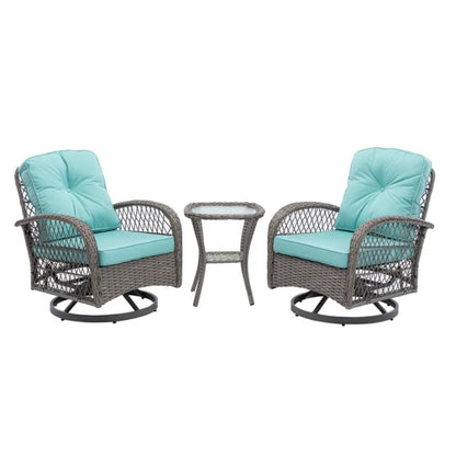 3 Pieces Outdoor Swivel Rocker Patio Chairs, 360 Degree Rocking Patio Conversation Set with Thickened Cushions and Glass Coffee Table for Backyard, Blue-海智集-Default-