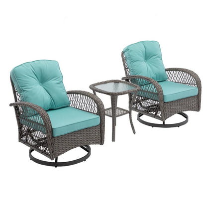 3 Pieces Outdoor Swivel Rocker Patio Chairs, 360 Degree Rocking Patio Conversation Set with Thickened Cushions and Glass Coffee Table for Backyard, Blue-海智集-Default-