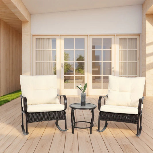 3 Pieces Patio Furniture Set Rocking Bistro Set Outdoor Rattan Conversation with Coffee Table for Garden Balcony Backyard Poolside-海智集-Default-