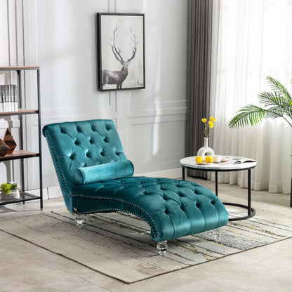 Velvet Chaise Lounge Indoor, Button-Tufted Upholstered Chaise Lounge Chair with Pillow, Teal Velvet, 63.38 inch-海智集-Default-
