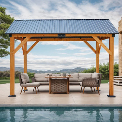 Fir Wood Carport Pavilion Gazebo, Shade, Rain, Hard Top Steel Metal Roof, All Weather Protected, with Galvanized Steel Roof, Wooden Frame-海智集-Default-