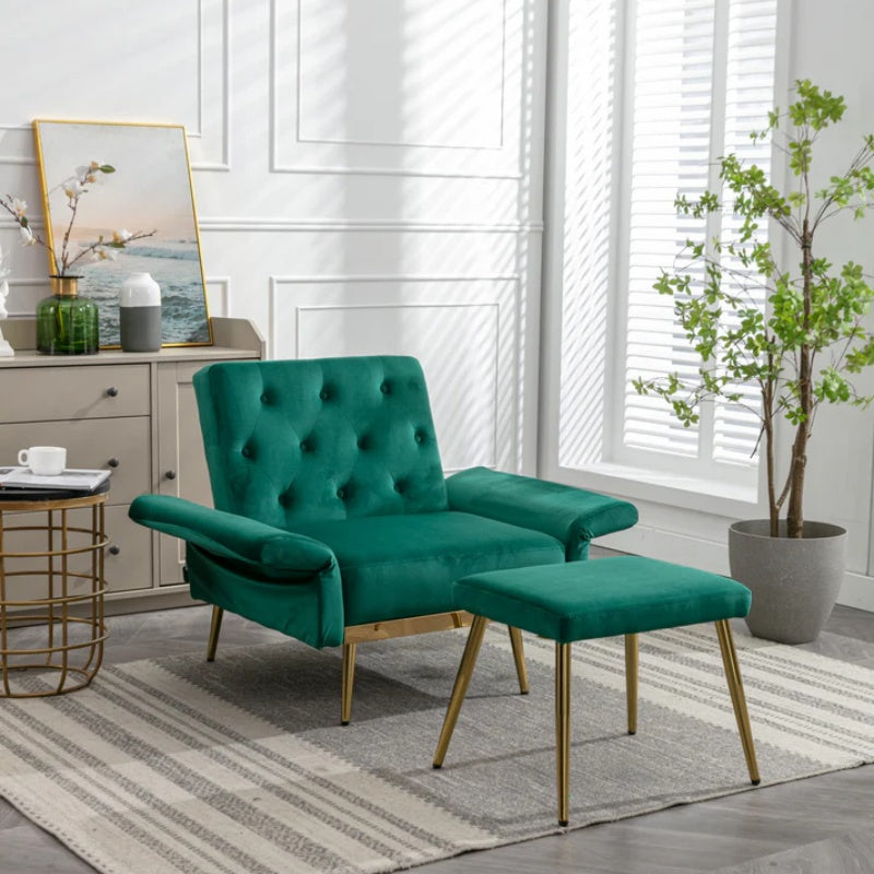 COOLMORE Velvet Accent Chair with Adjustable Armrests and Backrest, Button Tufted Lounge Chair, Single Recliner Armchair with Ottoman-海智集-Default-