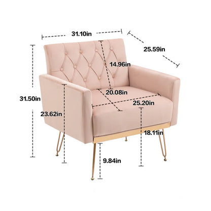 COOLMORE Velvet Armchair Single Sofa Modern Tufted Upholstered Side Reading Chairs with Arm and Gold Metal Leg for Living Room Bedroom (Pink)-海智集-Default-