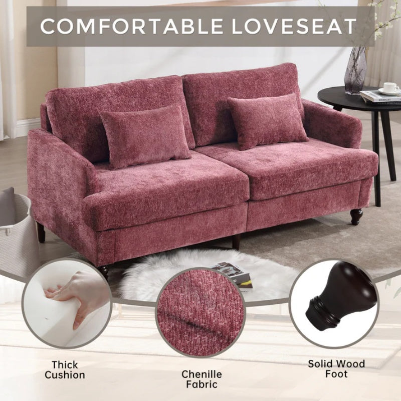 Mid Century Modern Chenille Fabric Loveseat Sofa, 2-Seat Upholstered Couch with Brown Wood Feet, Wine Red-海智集-Default-