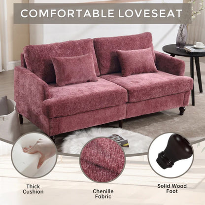 Mid Century Modern Chenille Fabric Loveseat Sofa, 2-Seat Upholstered Couch with Brown Wood Feet, Wine Red-海智集-Default-