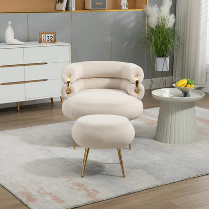 COOLMORE Upholstered Velvet Barrel Accent Chair with Ottoman,Accent Comfy Lounge Arm Chair and Footrest Stool Set,Single Sofa Armchair with Lounge Seat for Bedroom,Office (Beige)-海智集-Default-