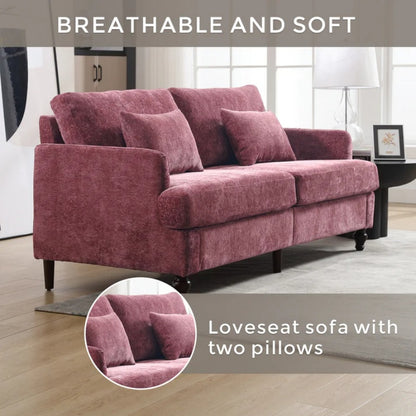 Mid Century Modern Chenille Fabric Loveseat Sofa, 2-Seat Upholstered Couch with Brown Wood Feet, Wine Red-海智集-Default-