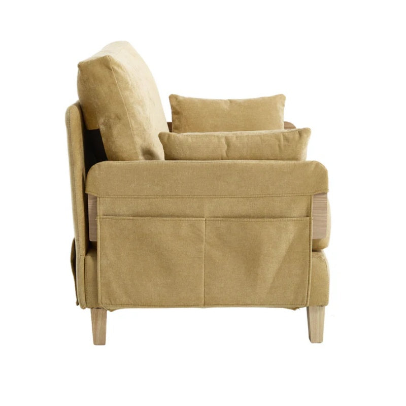 Mid-Century Modern Foldable Sofa Bed Recliner, 3-in-1 Convertible Sleeper with Three Pillows, Mustard Yellow Chenille-海智集-Default-