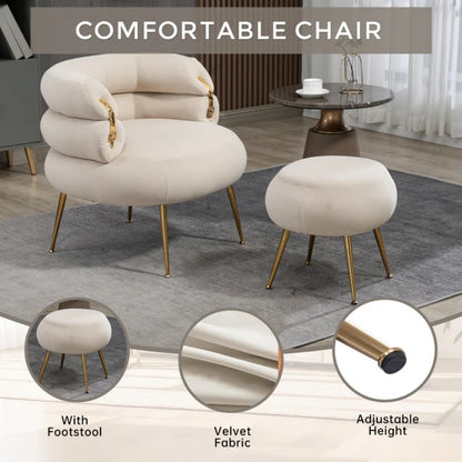 COOLMORE Upholstered Velvet Barrel Accent Chair with Ottoman,Accent Comfy Lounge Arm Chair and Footrest Stool Set,Single Sofa Armchair with Lounge Seat for Bedroom,Office (Beige)-海智集-Default-