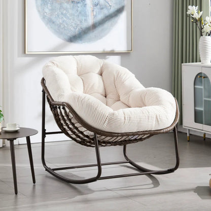 Outdoor Rattan Rocking Chair,Padded Cushion Rocker Recliner Chair Outdoor for Front Porch, Living Room, Patio, Garden, White-海智集-Default-