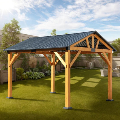 Fir Wood Carport Pavilion Gazebo, Shade, Rain, Hard Top Steel Metal Roof, All Weather Protected, with Galvanized Steel Roof, Wooden Frame-海智集-Default-
