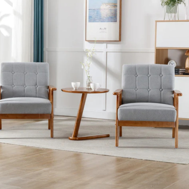 Accent Chairs Set of 2 with Side Table, Mid Century Modern Accent Chair, Wood and Fabric Armchairs Side Chair, Lounge Reading Comfy Arm Chair for Living Room, Bedroom, Office-海智集-Default-